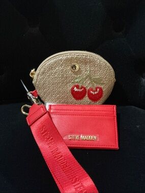 Steve Madden Red Card Holder with Straw Cherry Coin Pouch & Wristlet